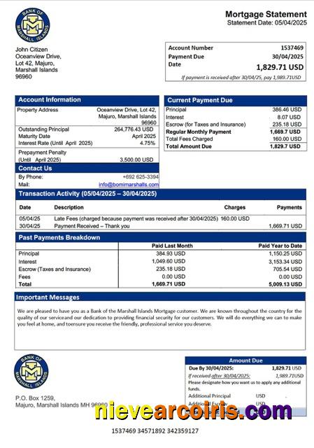 Marshall Islands Bank of the Marshall Islands mortgage statement Word and PDF template